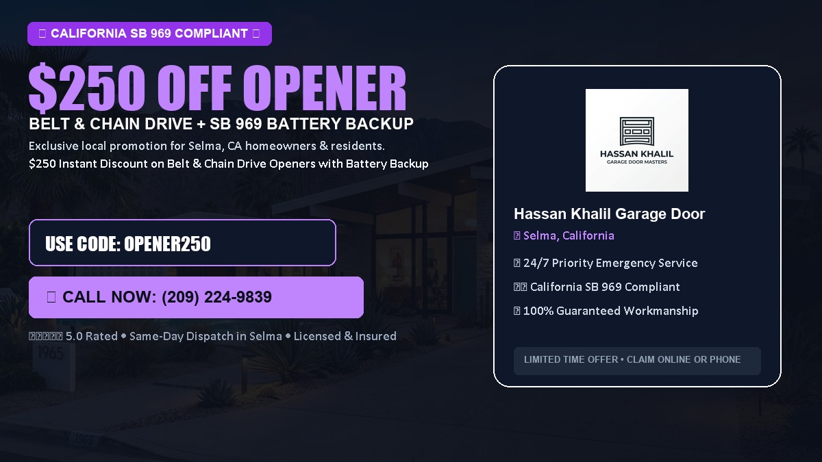 $250 OFF Smart Garage Door Opener Installation (Belt & Chain Drive with California SB 969 Battery Backup) in Selma, CA