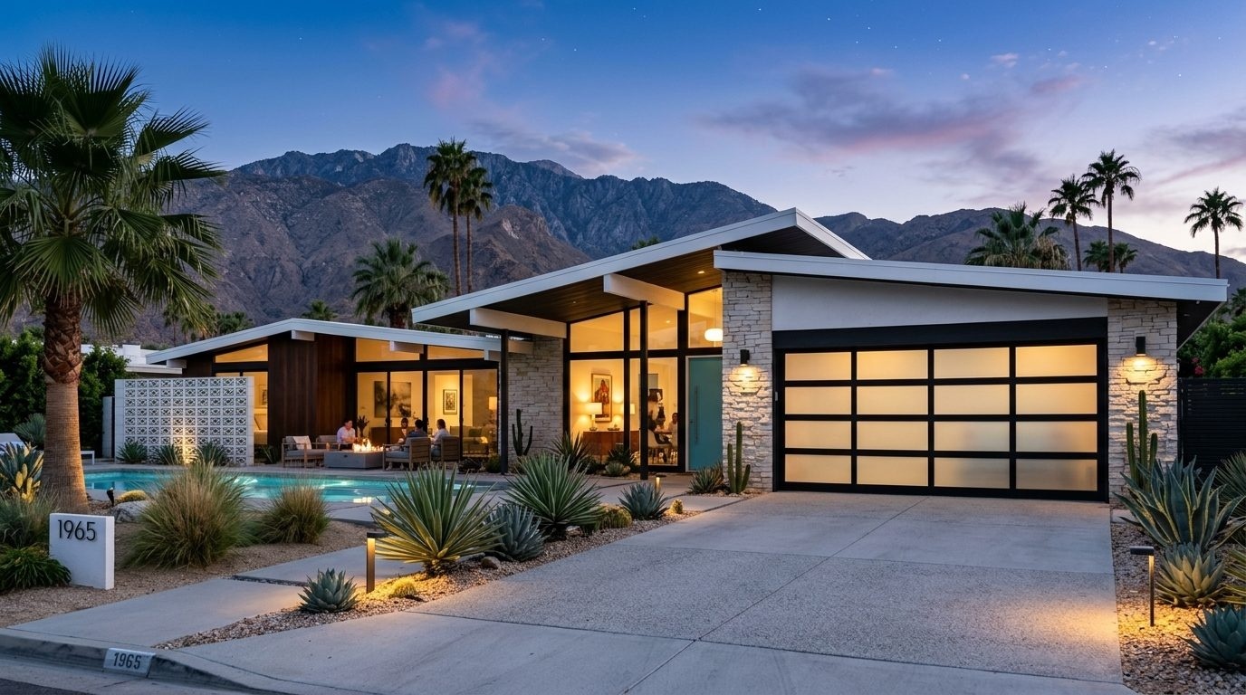 Hassan Khalil Garage Door Masters Exterior Closed Garage Door at Twilight